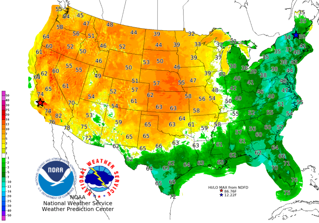 Saturday's high temperatures and departure from normal